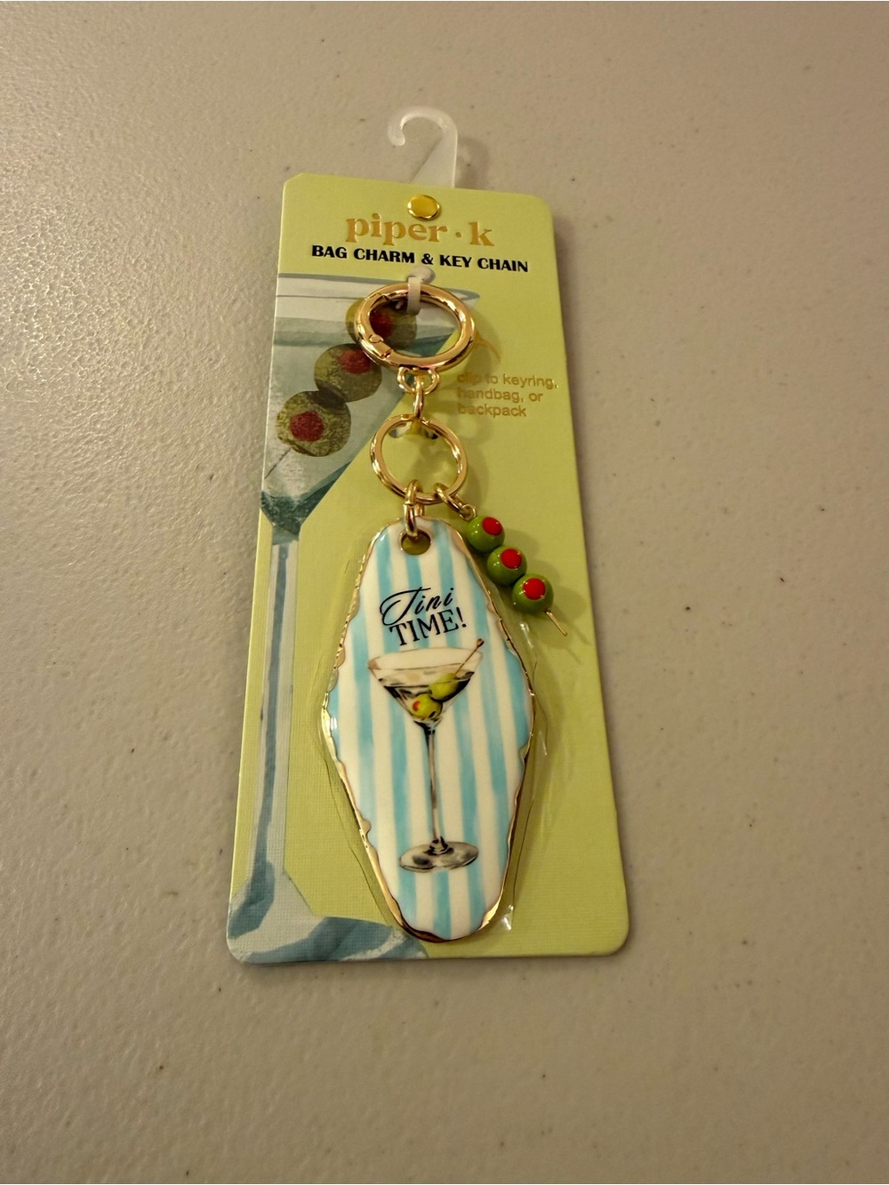 Piper K Martini Bag Charm & Key Chain - Blue, White, Gold - *BRAND NEW* - Picture 2 of 5